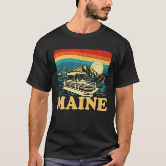 Lake Maine  Retro Sunset Pontoon Boat T-shirt