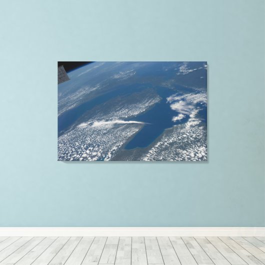 Lake Michigan, Lake Huron en de staat Michigan. Canvas Afdruk (Insitu (Houten vloer))