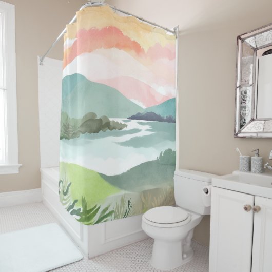 Lake Morning Sunrise | Watercolor Nature Douchegordijn (In situ)