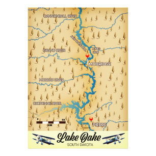 Lake Oahe South Dakota-kaart Foto Afdruk