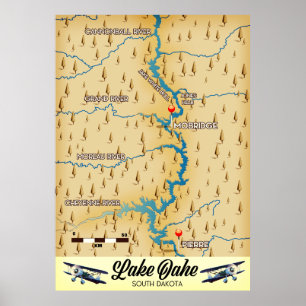 Lake Oahe South Dakota-kaart Poster