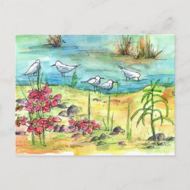 Lake Shore Birds Seagulls Waterverf Pond Flowers Briefkaart