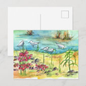 Lake Shore Birds Seagulls Waterverf Pond Flowers Briefkaart (Voorkant / Achterkant)