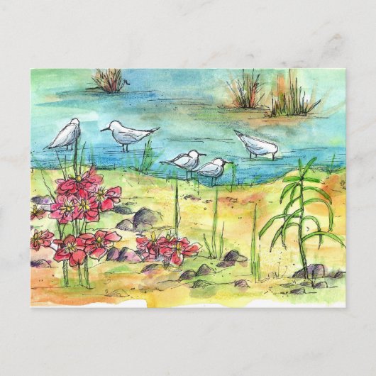 Lake Shore Birds Seagulls Waterverf Pond Flowers Briefkaart (Voorkant)