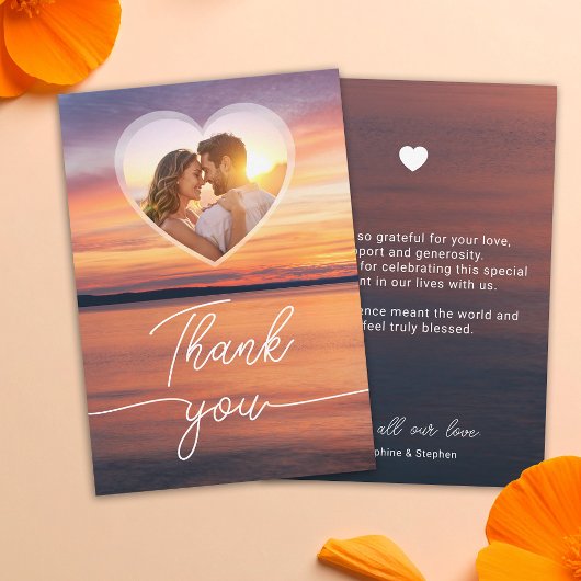 Lake Sunset Custom Heart Photo Template Wedding Bedankkaart