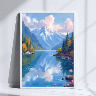 Lake Tahoe Bergen Aquarel Natuur Schilderij Poster