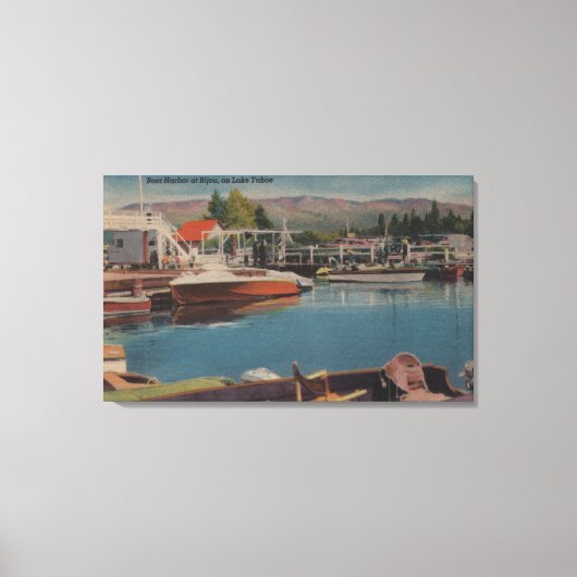 Lake Tahoe, CA - Boat Harbour in Bijou Wooden Canvas Afdruk (Voorkant)