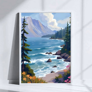 Lake Tahoe Getij Watercolor Reis Schilderij Poster