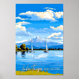 Lake Taupo Nieuw-Zeeland vintage reisillustratie Poster