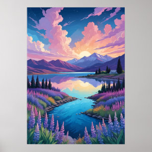 Lake Tekapo en Lupins Poster