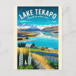 Lake Tekapo Nieuw-Zeeland Retro Reisposter Kunst Feestdagenkaart