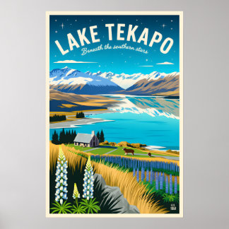 Lake Tekapo Nieuw-Zeeland Retro Reisposter Kunst Poster