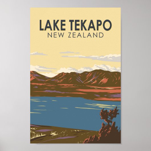 Lake Tekapo Nieuw-Zeeland Travel Art Vintage Poster (Voorkant)