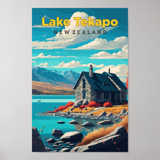 Lake Tekapo Nieuw-Zeeland Travel Art Vintage Poster (Voorkant)