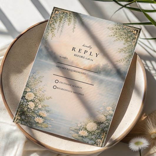 Lake Wildflower Forest Romance Wedding RSVP Kaartje