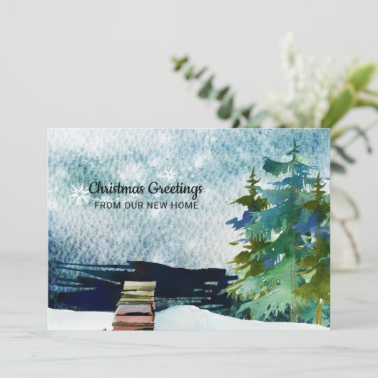 Lakefront Pine Trees Sneeuwlucht Nieuw adres Aankondiging (Staand voorkant)