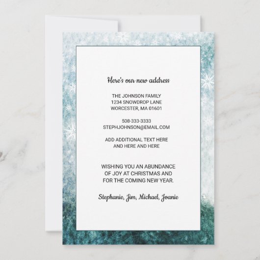 Lakefront Pine Trees Sneeuwlucht Nieuw adres Aankondiging (Achterkant)