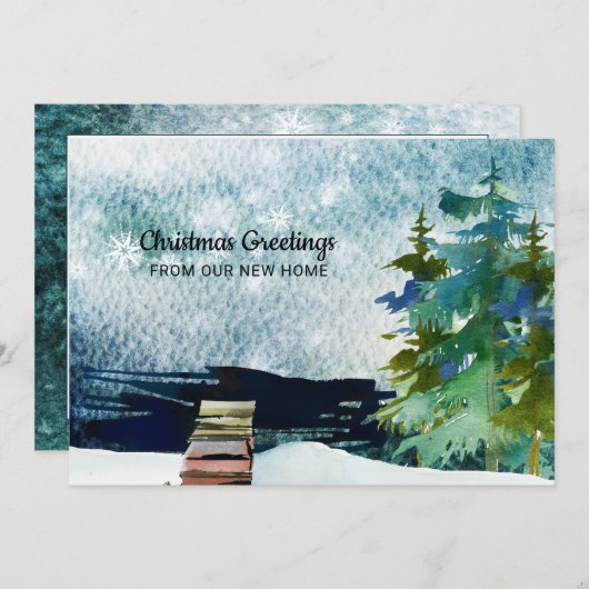 Lakefront Pine Trees Sneeuwlucht Nieuw adres Aankondiging (Voorkant / Achterkant)