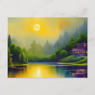Lakehouse Sunrise Reflections Digital Art Briefkaart