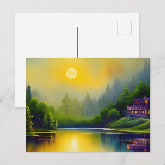 Lakehouse Sunrise Reflections Digital Art Briefkaart (Voorkant / Achterkant)