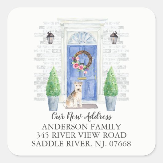 Lakeland Terrier Blauwe Deur Nieuw Adreslabel Vierkante Sticker (Voorkant)