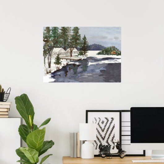 Lakeside Cabins Winter Long Pond Belgrado Maine Poster (Thuiskantoor)