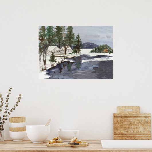 Lakeside Cabins Winter Long Pond Belgrado Maine Poster (Keuken)
