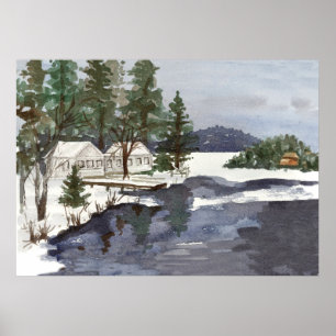 Lakeside Cabins Winter Long Pond Belgrado Maine Poster