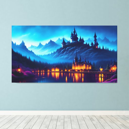 Lakeside Castle in de bergen Canvas Afdruk (Insitu (Houten vloer))