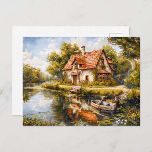 Lakeside Cottage met Rowboat Briefkaart (Voorkant / Achterkant)