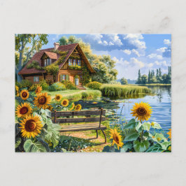 Lakeside Cottage met zonnebloemveld Briefkaart