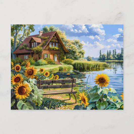 Lakeside Cottage met zonnebloemveld Briefkaart (Voorkant)