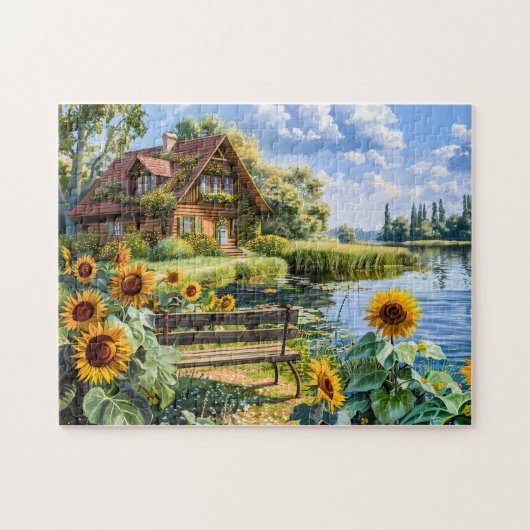 Lakeside Cottage met zonnebloemveld Legpuzzel (Horizontaal)