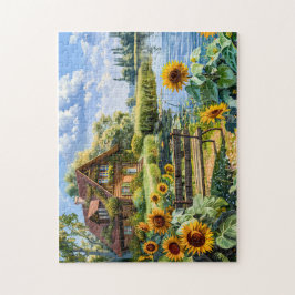 Lakeside Cottage met zonnebloemveld Legpuzzel
