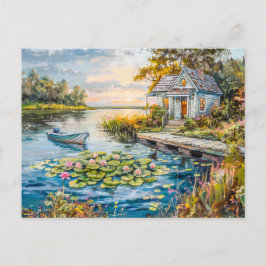 Lakeside Gevist huisje met waterlelies Briefkaart