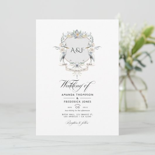 Lakeside Monogram Laurel Crest Wedding Foto Kaart (Staand voorkant)