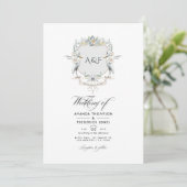 Lakeside Monogram Laurel Crest Wedding Kaart (Staand voorkant)