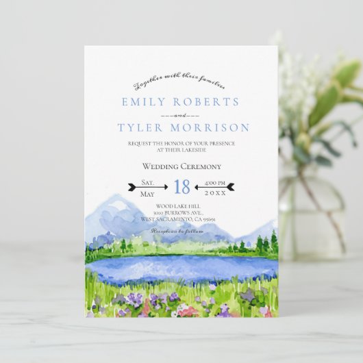 Lakeside Mountain Meadow Wedding Invites © Kaart (Staand voorkant)