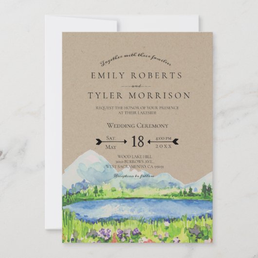 Lakeside Mountain Meadow Wedding Invites © Kaart (Voorkant)