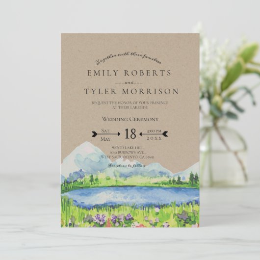 Lakeside Mountain Meadow Wedding Invites © Kaart (Staand voorkant)