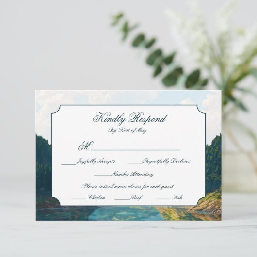 Lakeside Mountain Valley Wedding RSVP Card Kaartje (Staand voorkant)