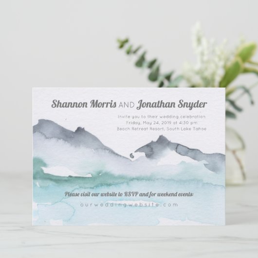 Lakeside Mountain Waterverf bruiloft uitnodiging (Staand voorkant)
