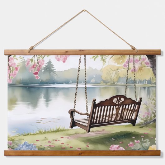 Lakeside Swing in de romantische Waterverf tuin Hangend Wandkleed (Voorkant)