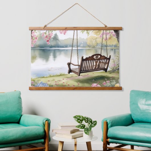 Lakeside Swing in de romantische Waterverf tuin Hangend Wandkleed (Woonkamer)