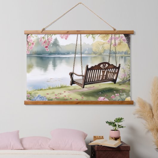 Lakeside Swing in de romantische Waterverf tuin Hangend Wandkleed (Slaapkamer)