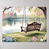 Lakeside Swing in de romantische Waterverf tuin Poster (Voorkant)
