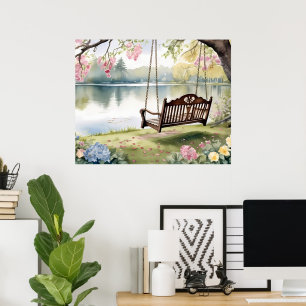 Lakeside Swing in de romantische Waterverf tuin Poster