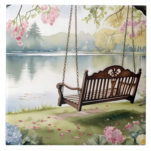 Lakeside Swing in de romantische Waterverf tuin Tegeltje (Voorkant)
