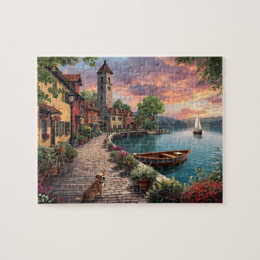 Lakeside Village Zonsondergang Hond Legpuzzel (Horizontaal)