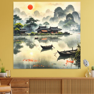 Lakeside Vist hutten Red Sun Landscape Canvas Afdruk